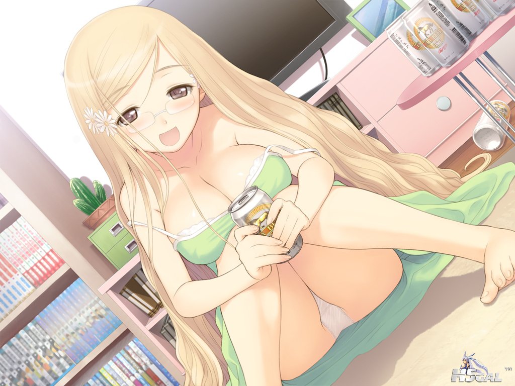 konachan 108160 blonde_hair brown_eyes cleavage drink fault game_cg glasses haya.jpg