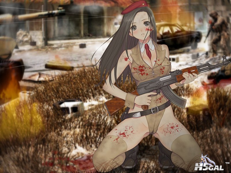 konachan 84849 blood breasts cleavage gray_eyes gray_hair gun taka_tony thighhig.jpg
