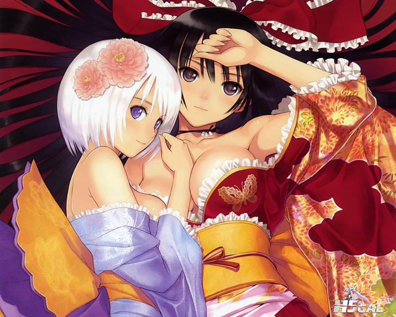 konachan 91973 2girls black_hair brown_eyes cleavage flowers japanese_clothes lo.jpg