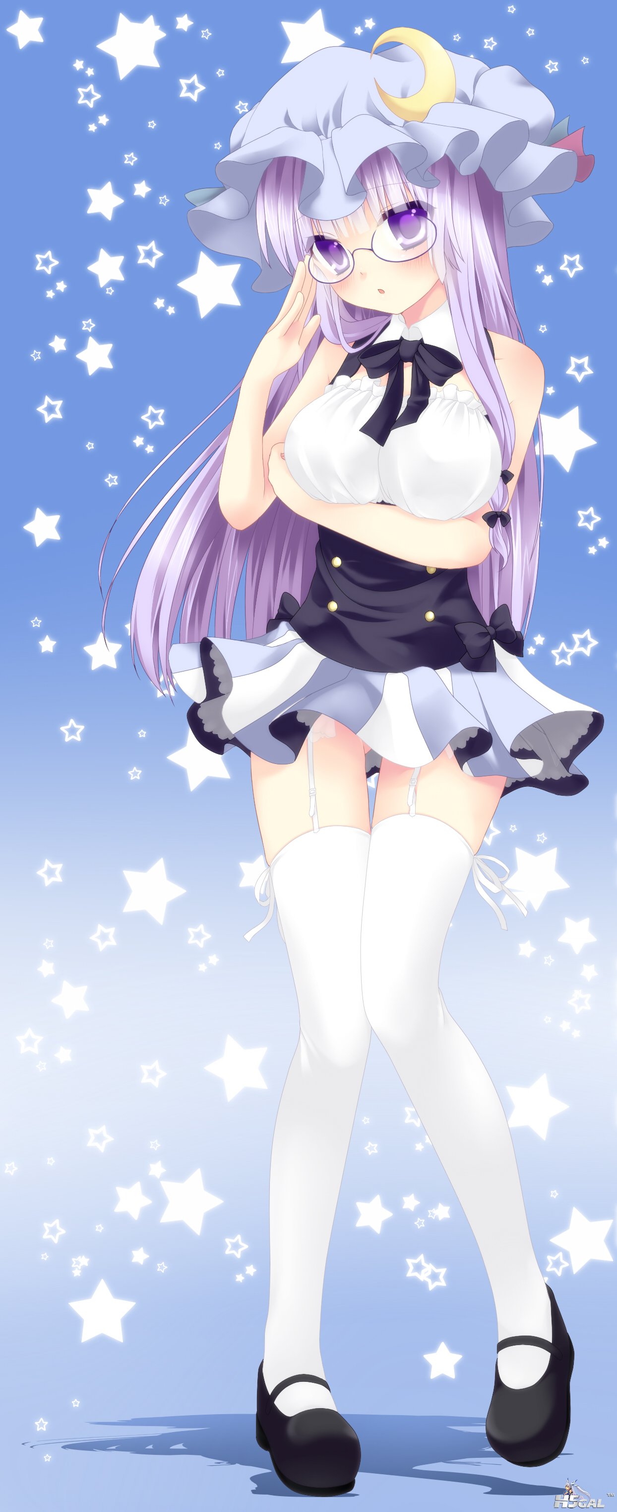 moe 136427 breast_hold etou megane patchouli_knowledge stockings thighhighs touhou.jpg