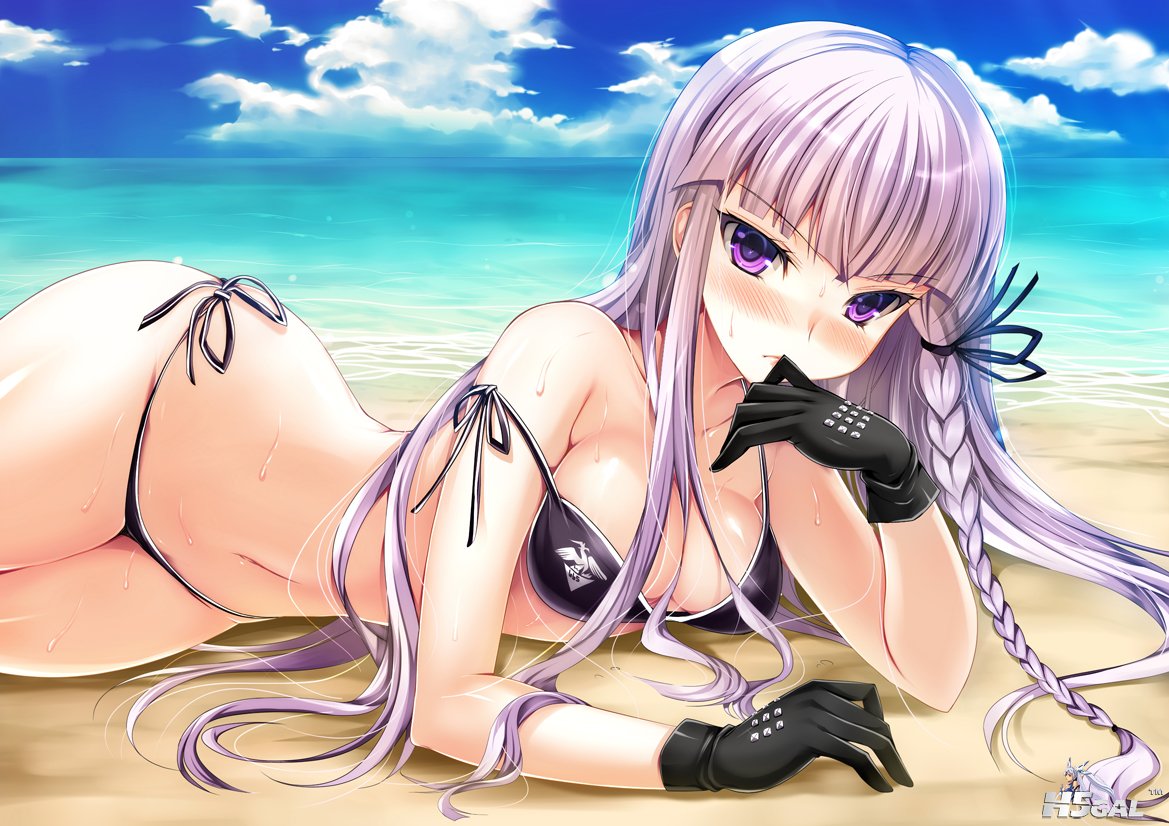 beach bikini blush clouds dangan-ronpa gloves kirigiri_kyouko long_hair ninoko p.jpg