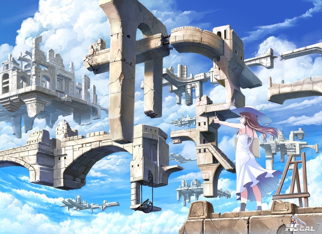Konachan_com - 142294 brown_eyes brown_hair clouds dress hat hi-ho- long_hair or.jpg