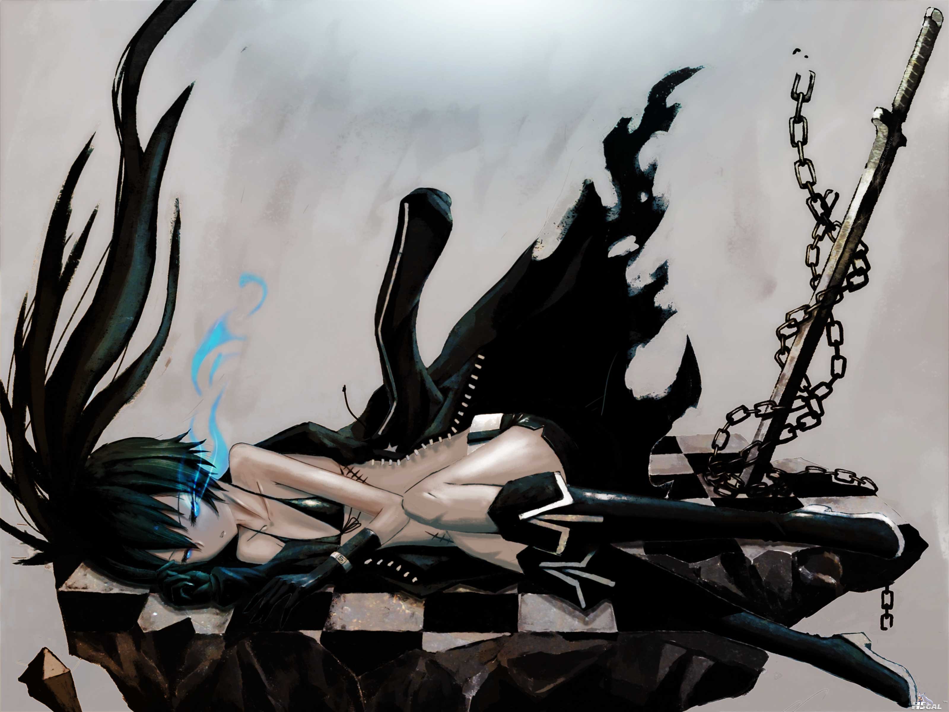 142486 bikini_top black_hair black_rock_shooter blue_eyes boots chain kuroi_mato.jpg