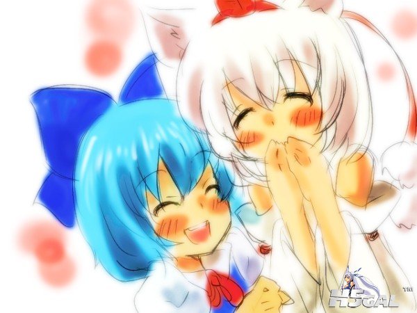 p804602_2girls animal_ears blue_hair blush bow cirno detached_sleeves inubashiri.jpg