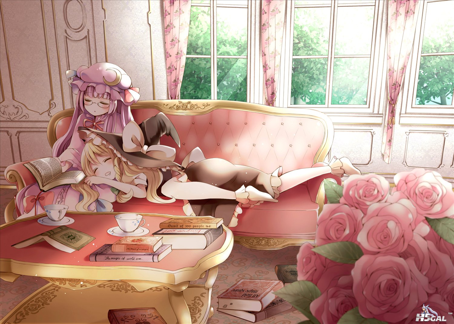 Konachan.com - 132610 2girls ayuko_(ayuco) blonde_hair blush book dress flowers .jpg