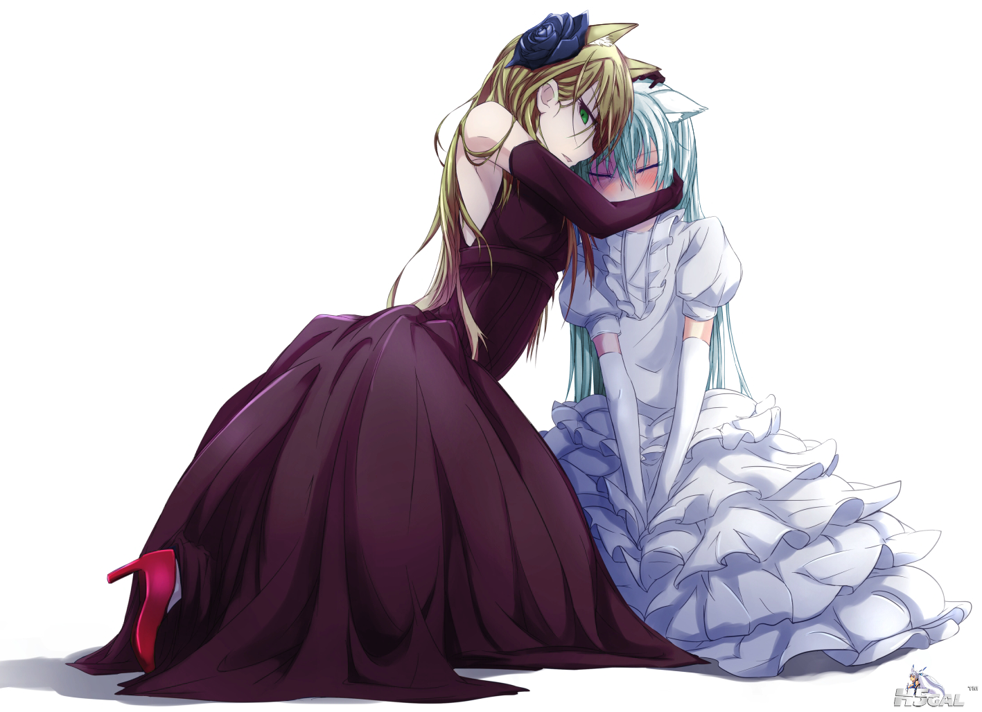 - 144650 2girls animal_ears blush dress foxgirl green_eyes kyouya_(mukuro238) lo.png
