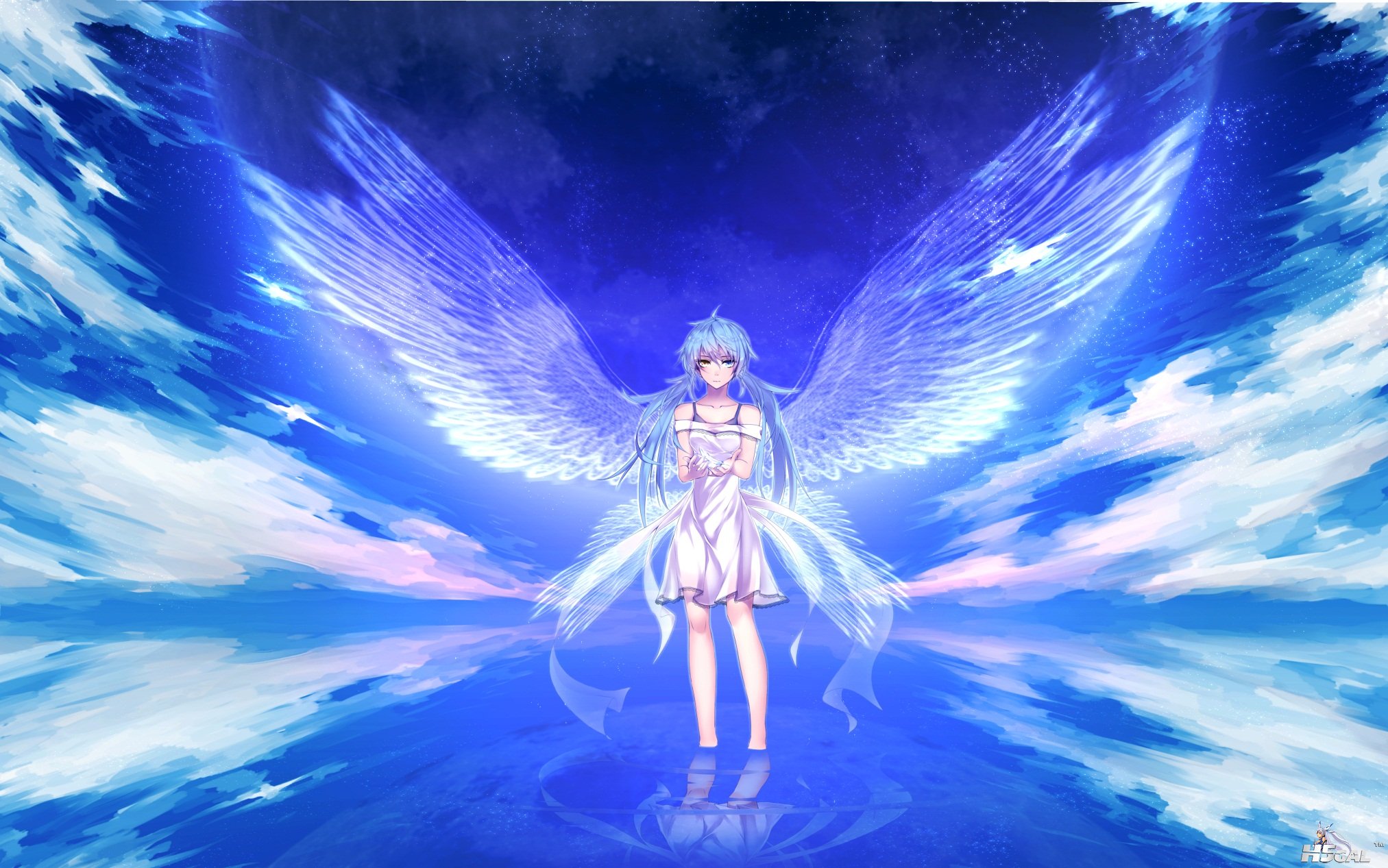 angel aqua_hair bicolored_eyes blue_hair clouds dress hatsune_miku sky takka twi.jpg