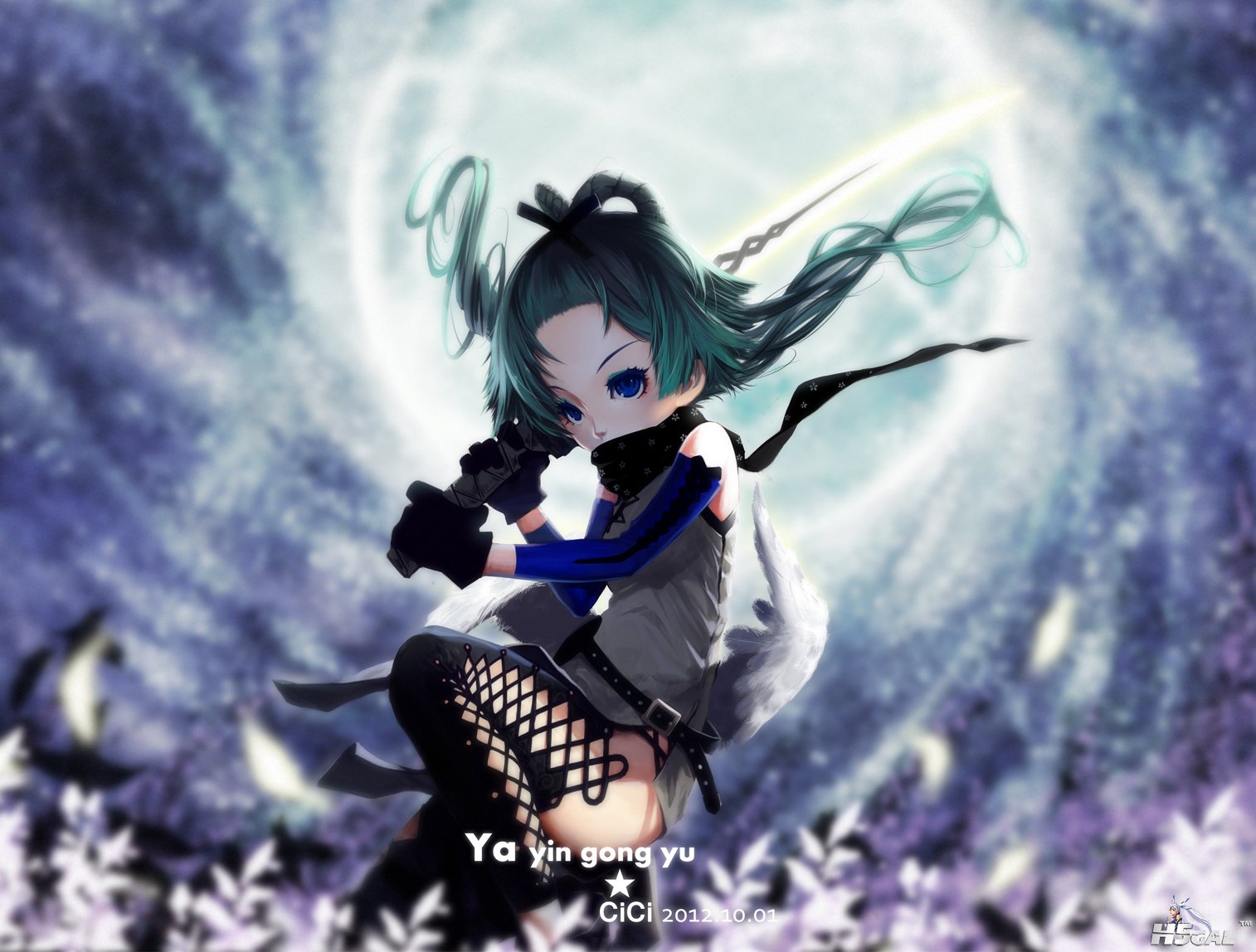 Konachan_com - 148833 aqua_hair blue_eyes cici gloves luo_tianyi scarf sword voc.jpg