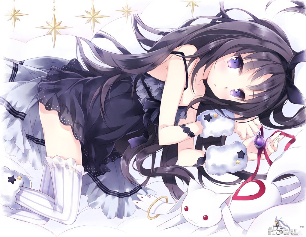 Konachan_com - 149727 akemi_homura blue_eyes dress kyuubee long_hair mahou_shouj.jpg