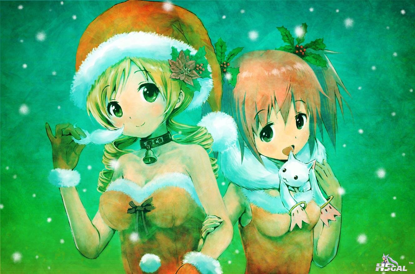 Konachan_com - 150481 2girls blush christmas cleavage collar gloves hat kaname_m.jpg