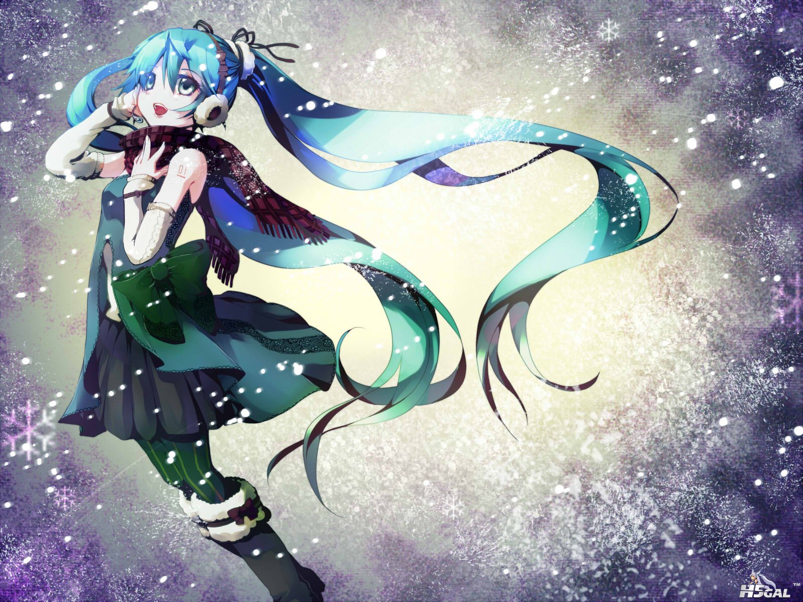 hair bow dress hatsune_miku jpeg_artifacts long_hair microphone myaaco pantyhose.jpg