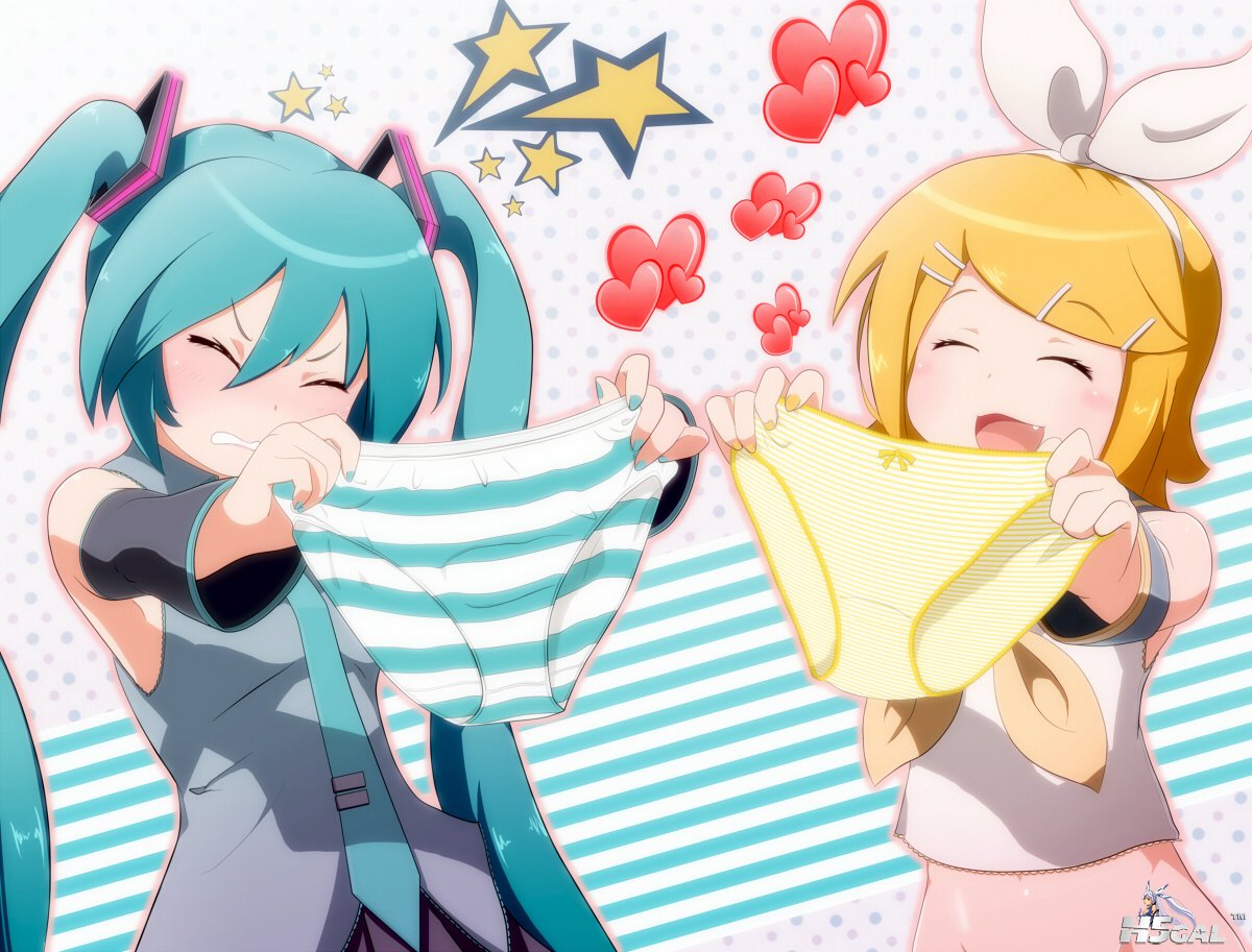 Konachan.com - 119944 hatsune_miku kagamine_rin nopan panties striped_panties un.jpg