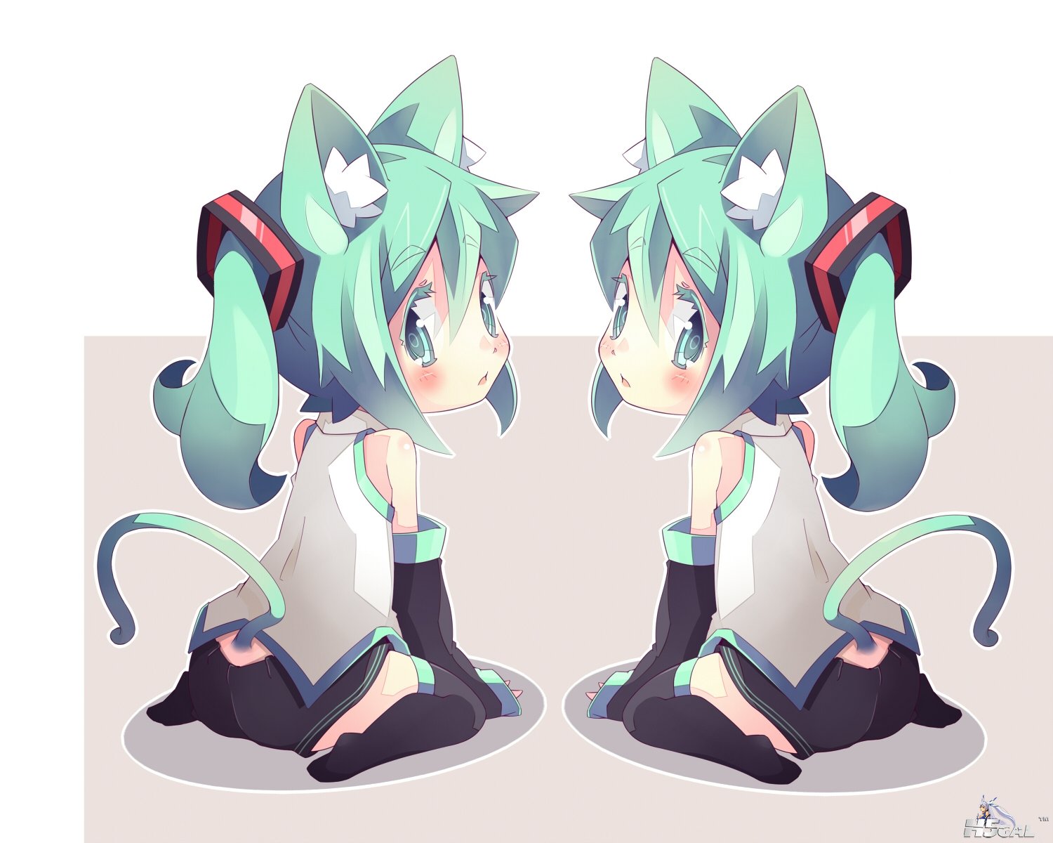 konachan 159546 2girls animal_ears catgirl hatsune_miku shiitake_(mm0820) tail v.jpg