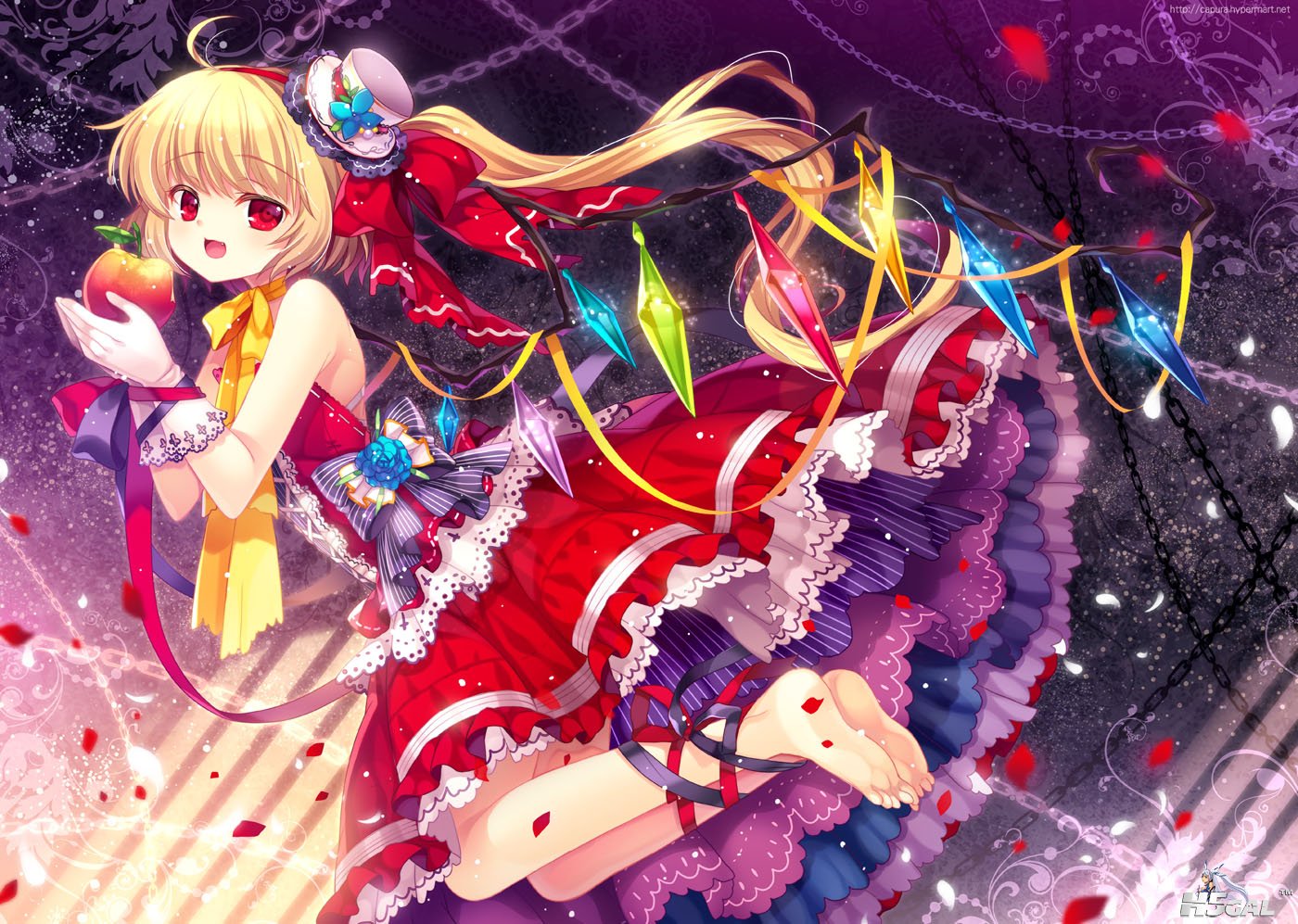 _com - 164465 barefoot blonde_hair bow capura_lin dress flandre_scarlet fruit jp.jpg