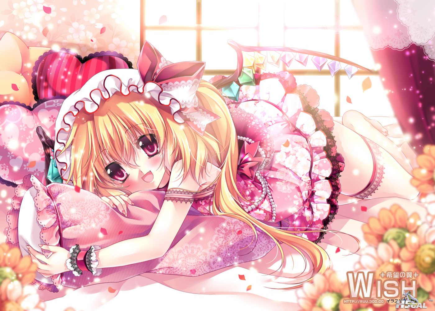 Konachan_com - 160155 blonde_hair byruu dress flandre_scarlet flowers petals red.jpg