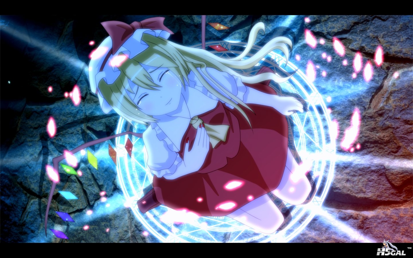 blonde_hair bow crying flandre_scarlet hat jpeg_artifacts long_hair magic_circle.jpg