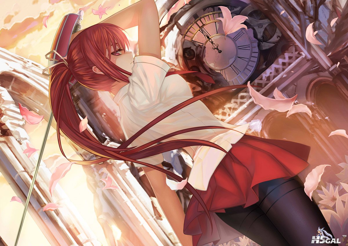 Konachan_com - 164873 flowers original paku pantyhose petals red_hair sword weapon.jpg